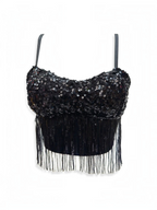 BROCK black sequin crop top with adjustable straps and hanging fringe detail for festive evening wear