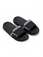 BROCK black lightweight slide sandals with perforated straps and white sport branding for beach and pool use.