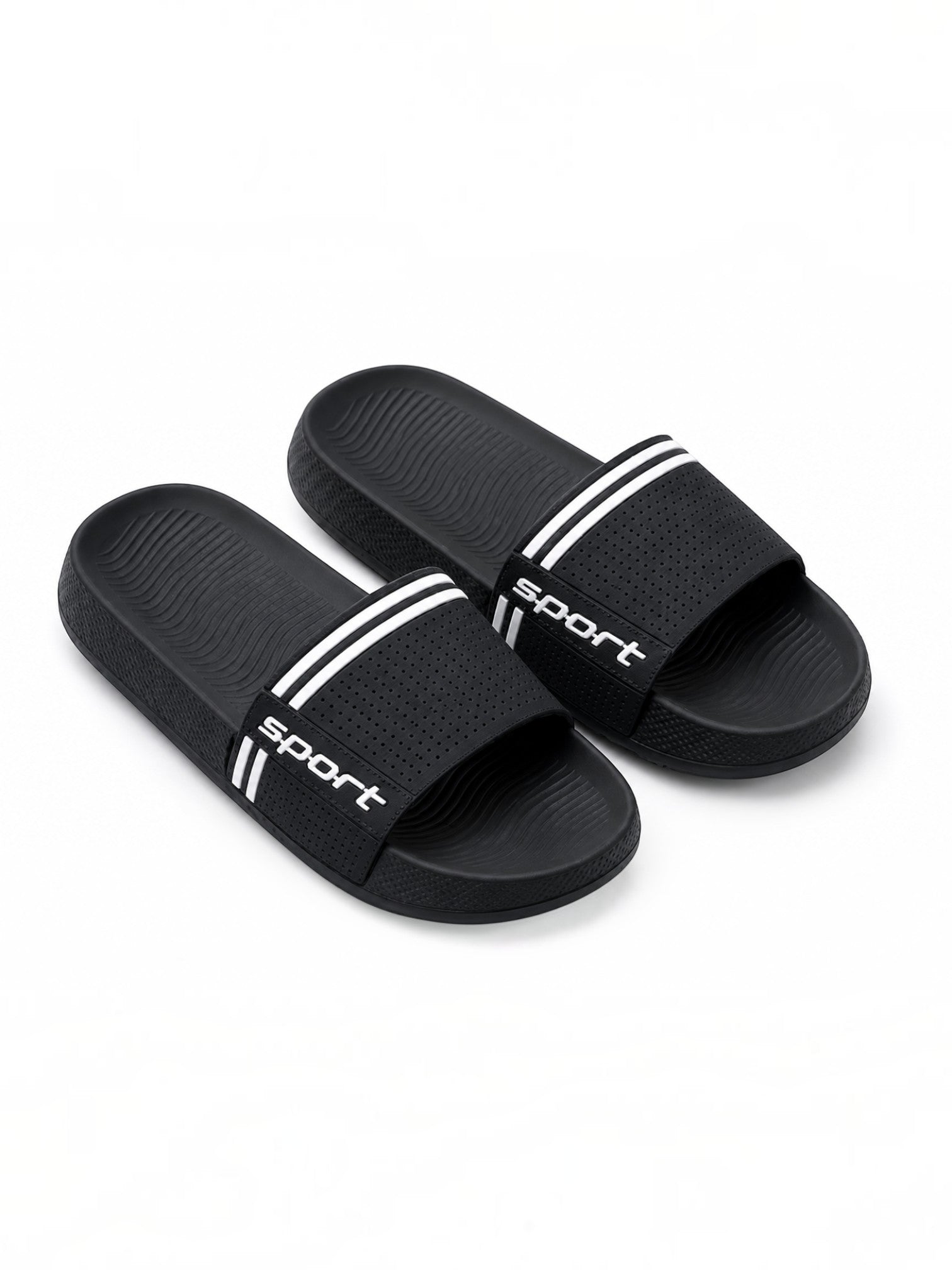 BROCK black lightweight slide sandals with perforated straps and white sport branding for beach and pool use.