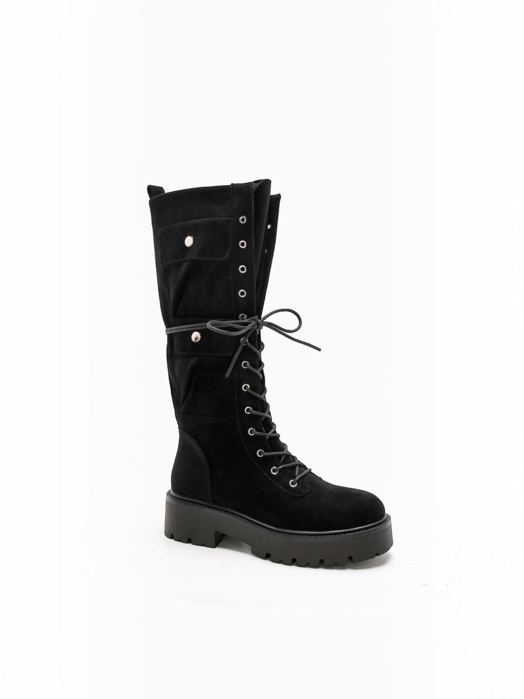 BROCK black suede mid-calf biker boots with laces, decorative side pockets, and a thick lug sole.