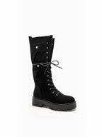 BROCK black suede mid-calf biker boots with laces, decorative side pockets, and a thick lug sole.