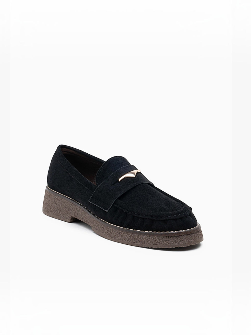 BROCK LADY GLORY black faux suede loafers with a gathered front, gold metallic detail, and a low block heel.