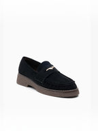BROCK LADY GLORY black faux suede loafers with a gathered front, gold metallic detail, and a low block heel.