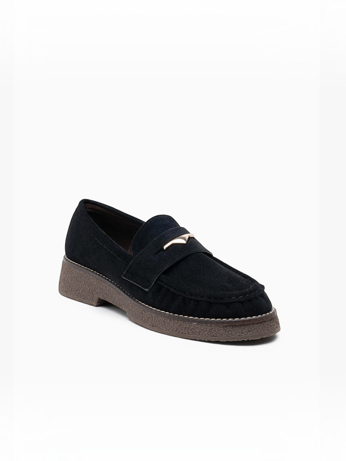BROCK LADY GLORY black faux suede loafers with a gathered front, gold metallic detail, and a low block heel.