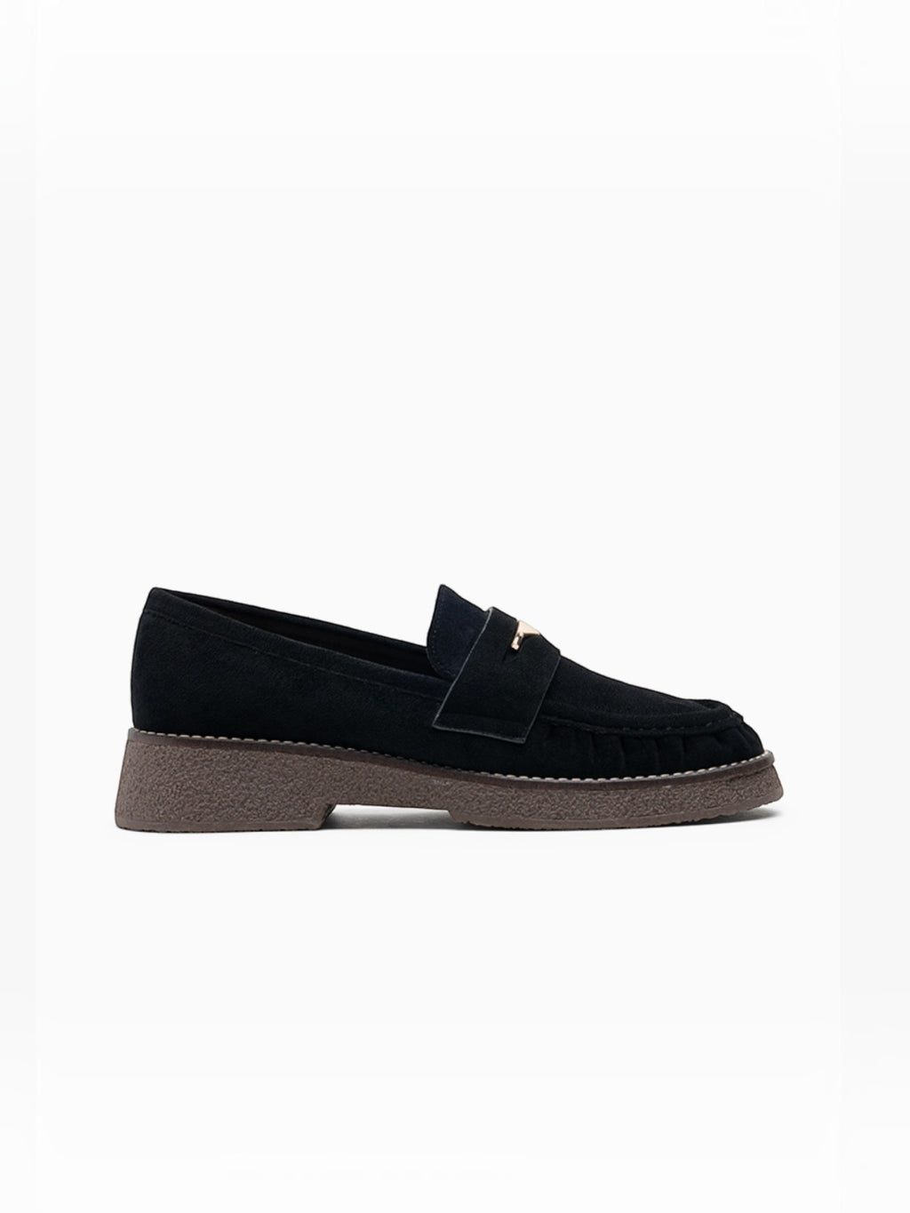 BROCK LADY GLORY black faux suede loafers with gathered detail, gold metallic accent, and low block heel.
