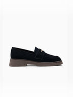 BROCK LADY GLORY black faux suede loafers with gathered detail, gold metallic accent, and low block heel.