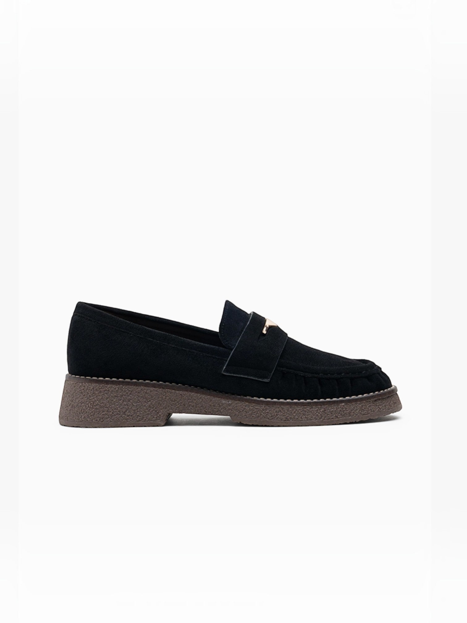 BROCK LADY GLORY black faux suede loafers with gathered detail, gold metallic accent, and low block heel.