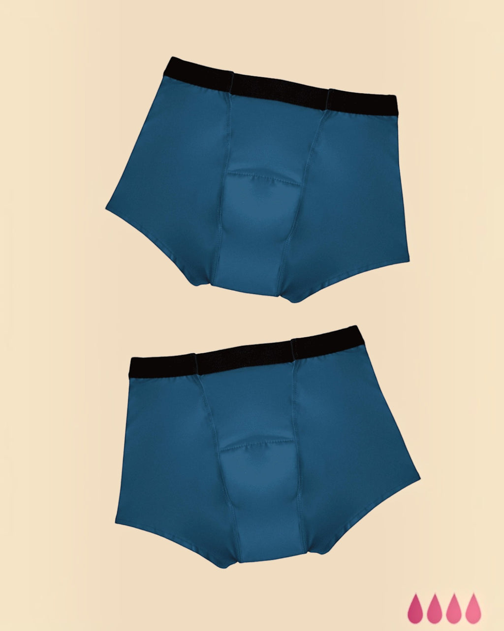BROCK pack of two blue teen menstrual shorts with black elastic waistbands for discreet, absorbent protection.