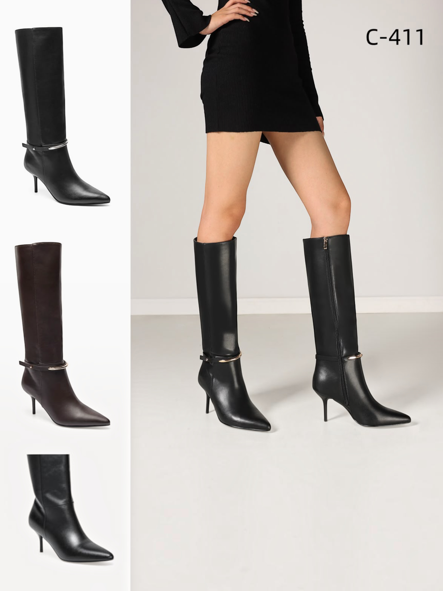 Bottes hautes cavalières BROCK en cuir noir avec talon aiguille, bout pointu et bride à anneau métallique doré