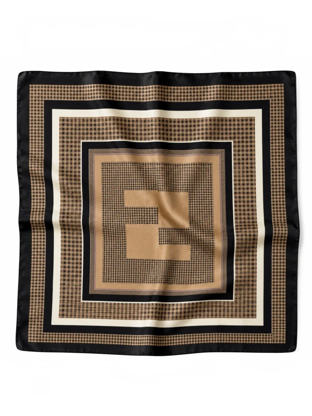 BROCK square polyester scarf featuring a brown and black gingham pattern with a central geometric logo design.