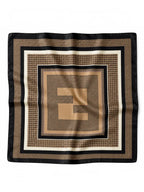 BROCK square polyester scarf featuring a brown and black gingham pattern with a central geometric logo design.