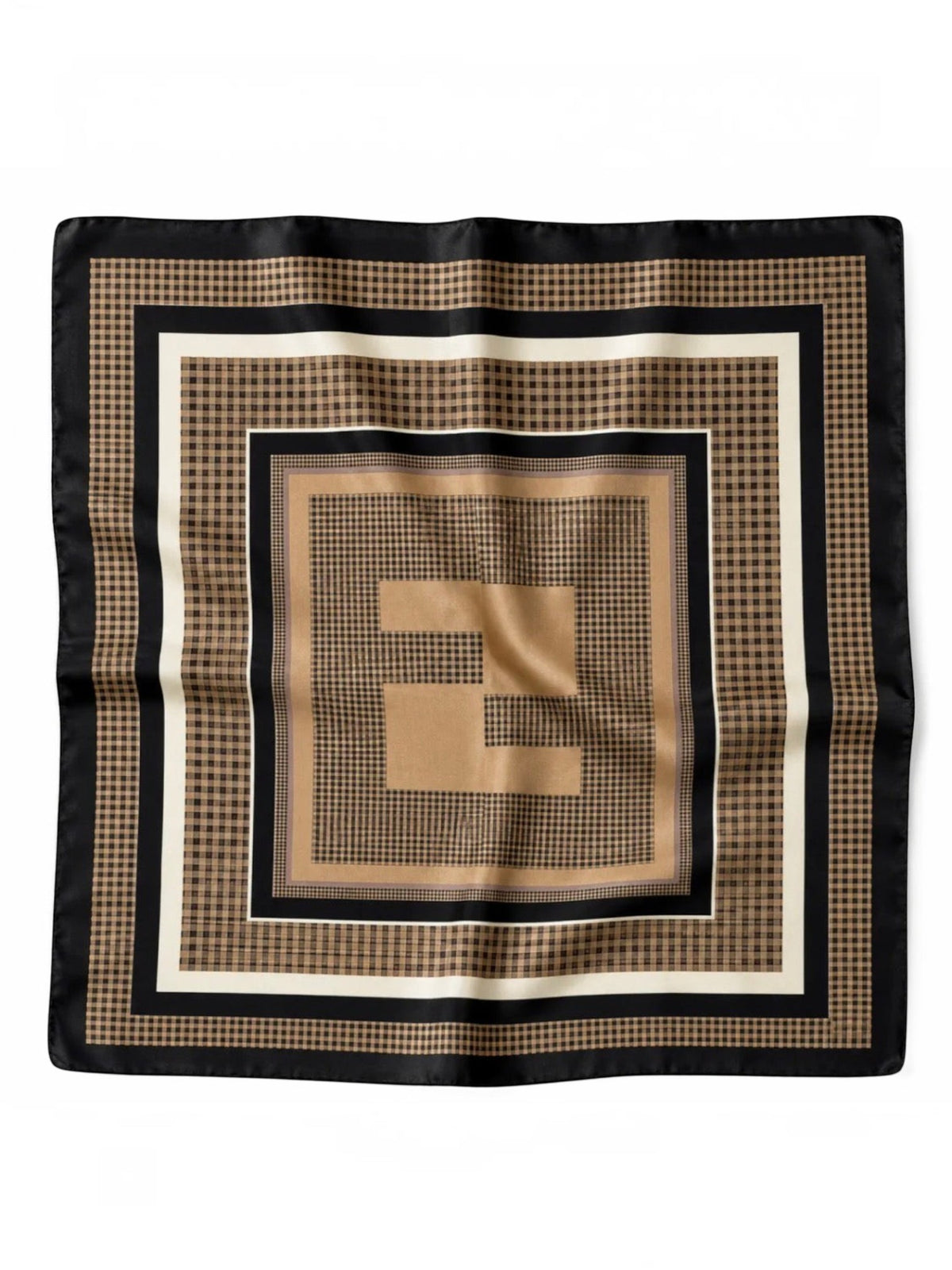 BROCK square polyester scarf featuring a brown and black gingham pattern with a central geometric logo design.