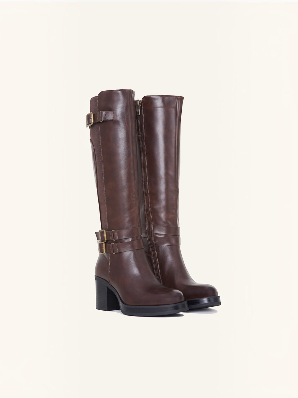BROCK brown faux leather riding boots with three decorative gold buckles and side zip closure