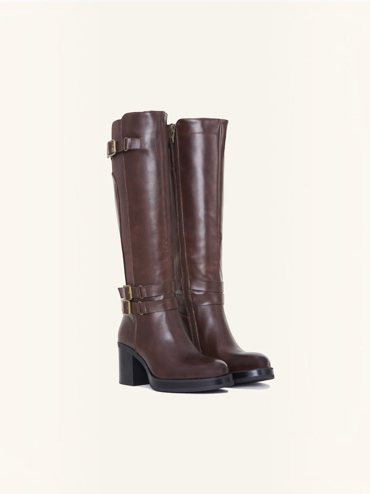 BROCK brown faux leather riding boots with three decorative gold buckles and side zip closure