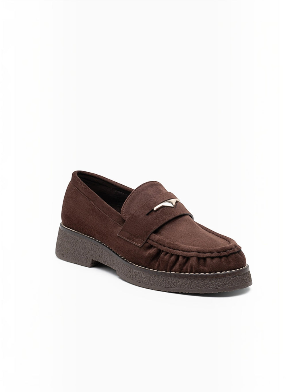BROCK brown faux suede loafers with ruched detailing, gold metallic accent, and a low block heel.