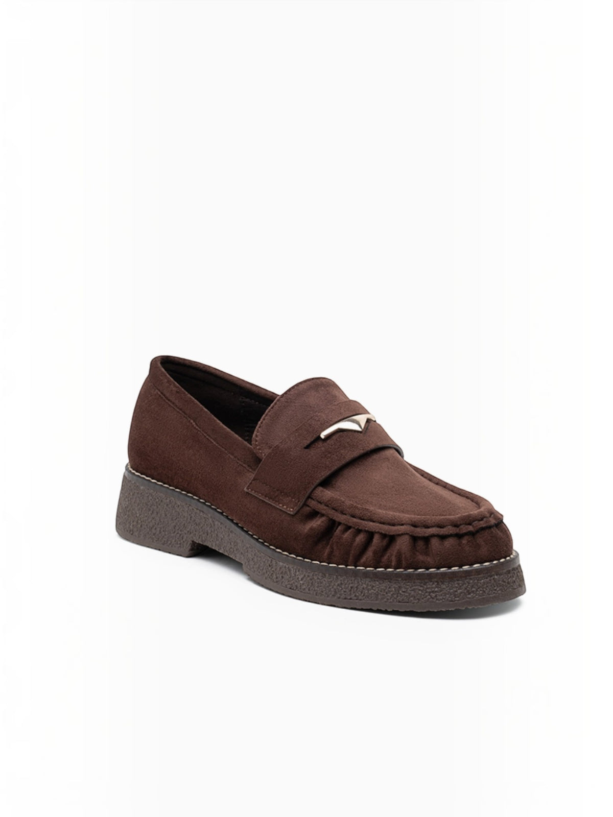 BROCK brown faux suede loafers with ruched detailing, gold metallic accent, and a low block heel.