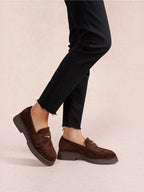 BROCK brown faux suede loafers with ruched detailing and a gold metallic accent on a low block heel