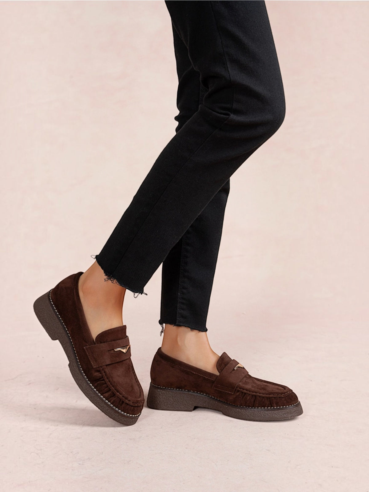 BROCK brown faux suede loafers with ruched detailing and a gold metallic accent on a low block heel