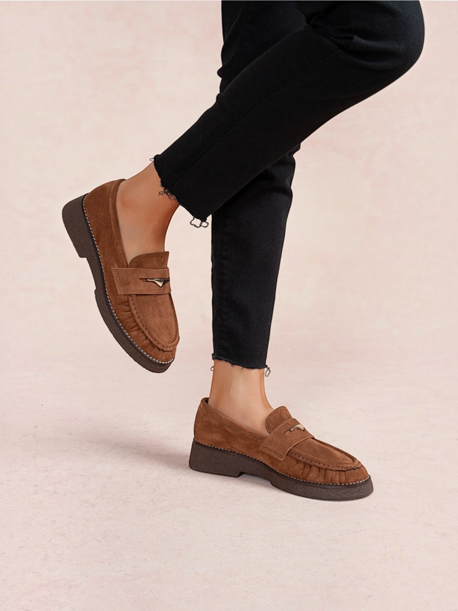 BROCK brown faux suede loafers with ruched detailing and a gold metallic accent on a low block heel