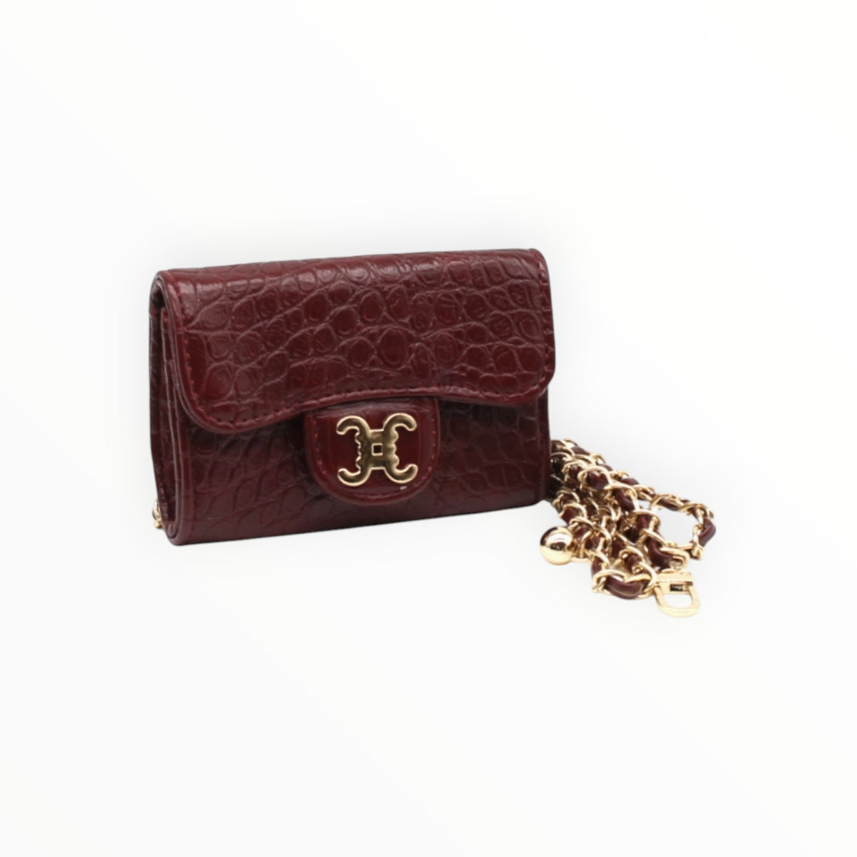 BROCK mini burgundy faux crocodile crossbody bag with gold chain strap and C.Clo logo hardware