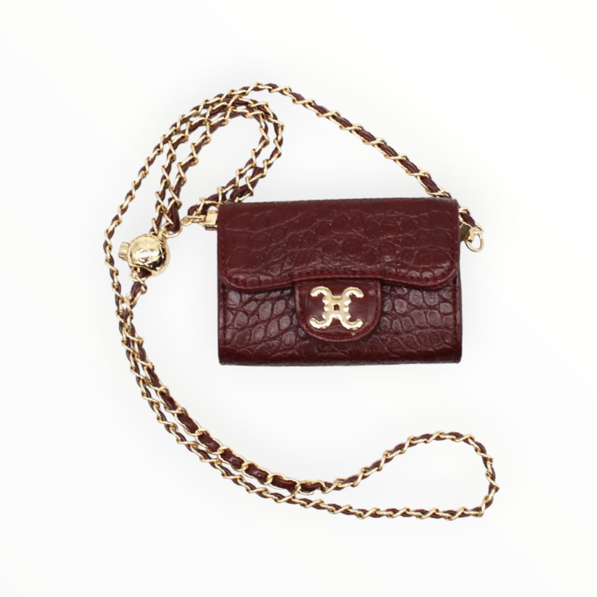 BROCK mini crossbody bag in burgundy faux crocodile leather with a gold chain strap and C.Clo logo detail.