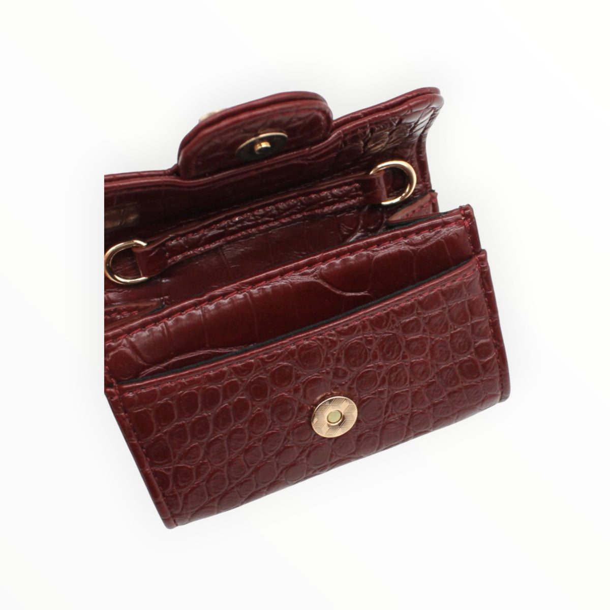 BROCK mini crossbody bag in burgundy faux crocodile leather with gold hardware and snap closure