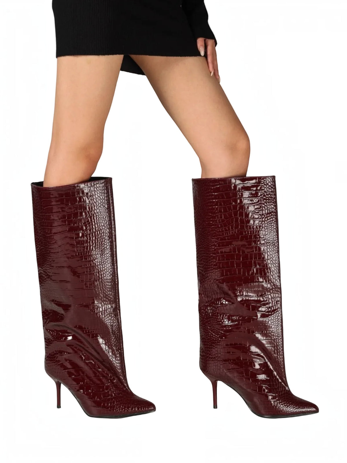 BROCK burgundy patent faux leather knee-high boots with crocodile texture, pointed toe, and slim stiletto heel.