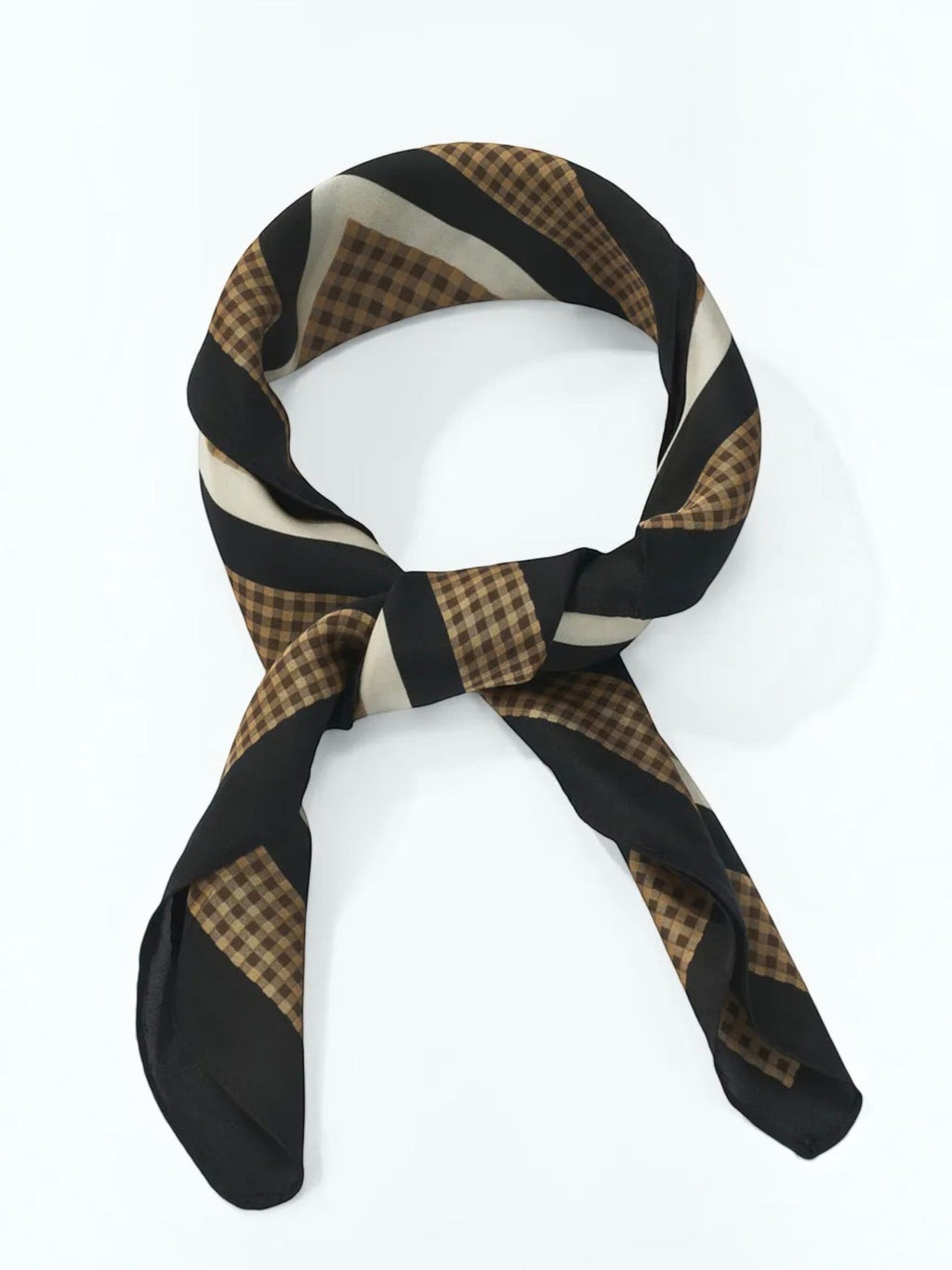 BROCK BYREN | ÉLINE L'ATELIER lightweight polyester scarf with black, brown, and cream striped and checkered pattern