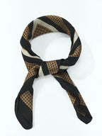 BROCK BYREN | ÉLINE L'ATELIER lightweight polyester scarf with black, brown, and cream striped and checkered pattern