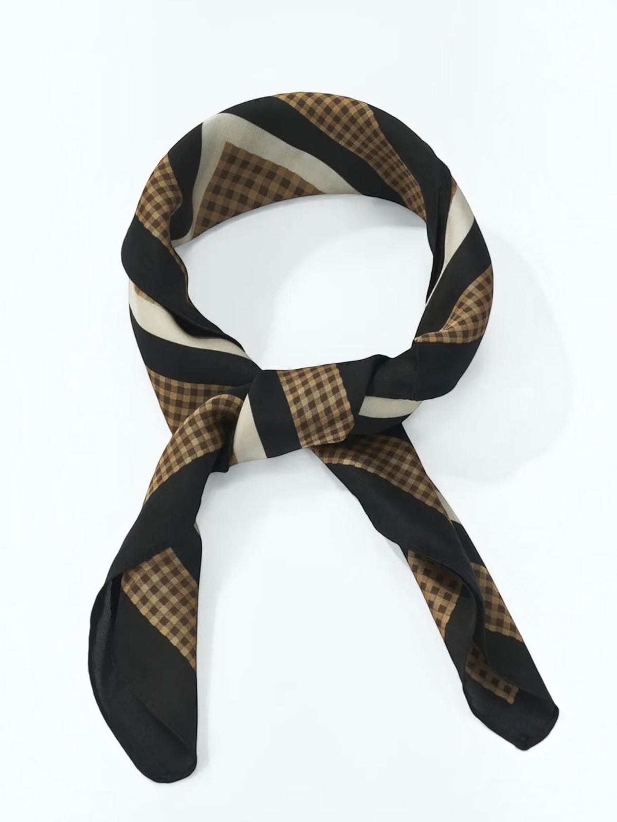 BROCK BYREN | ÉLINE L'ATELIER lightweight polyester scarf with black, brown, and cream striped and checkered pattern