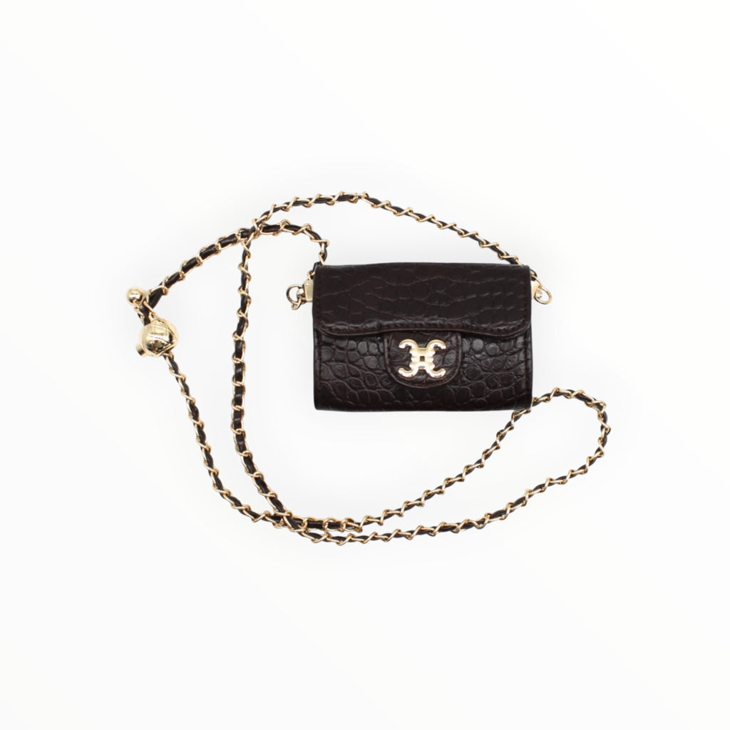 BROCK C.Clo mini crossbody bag in dark brown faux crocodile leather with a gold chain strap and logo detail