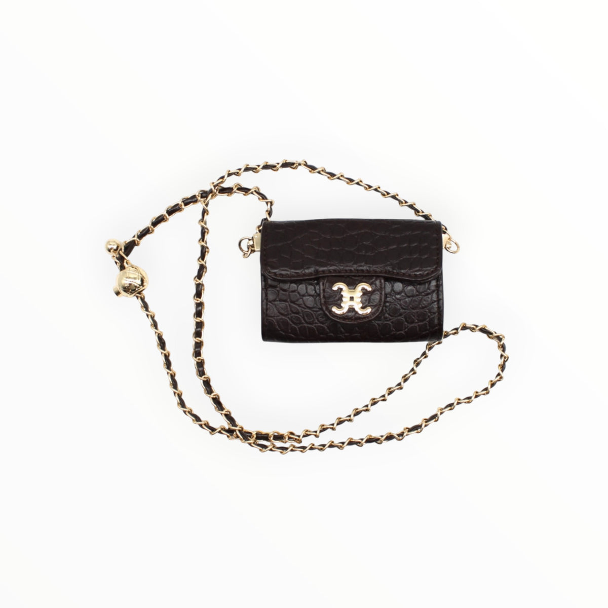 BROCK C.Clo mini crossbody bag in dark brown faux crocodile leather with a gold chain strap and logo detail