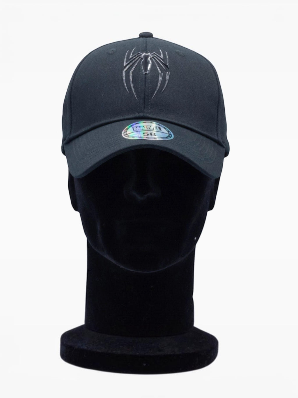 Casquette noire BROCK Spider-Man avec logo araignée en silicone et visière arrondie sur présentoir
