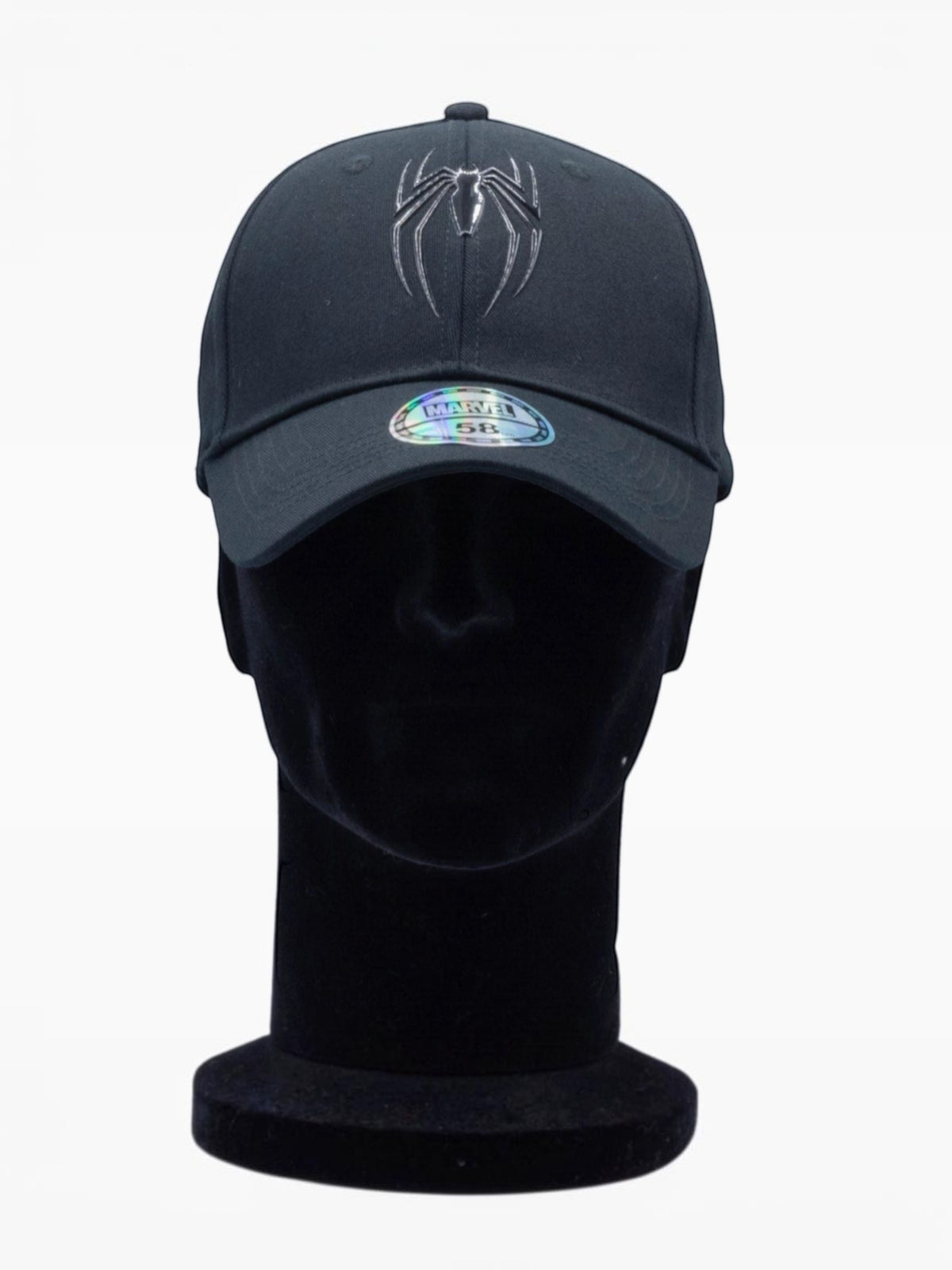 Casquette noire BROCK Spider-Man avec logo araignée en silicone et visière arrondie sur présentoir