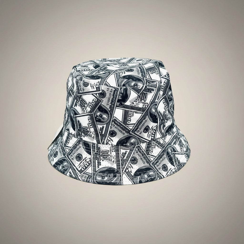 Chapeau bob  imprimé billets de banque noir et blanc, style streetwear.
