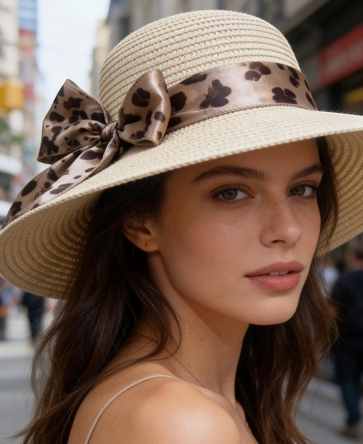 Chapeau d'été  en paille imitation beige avec ruban léopard et nœud, idéal pour la plage.`