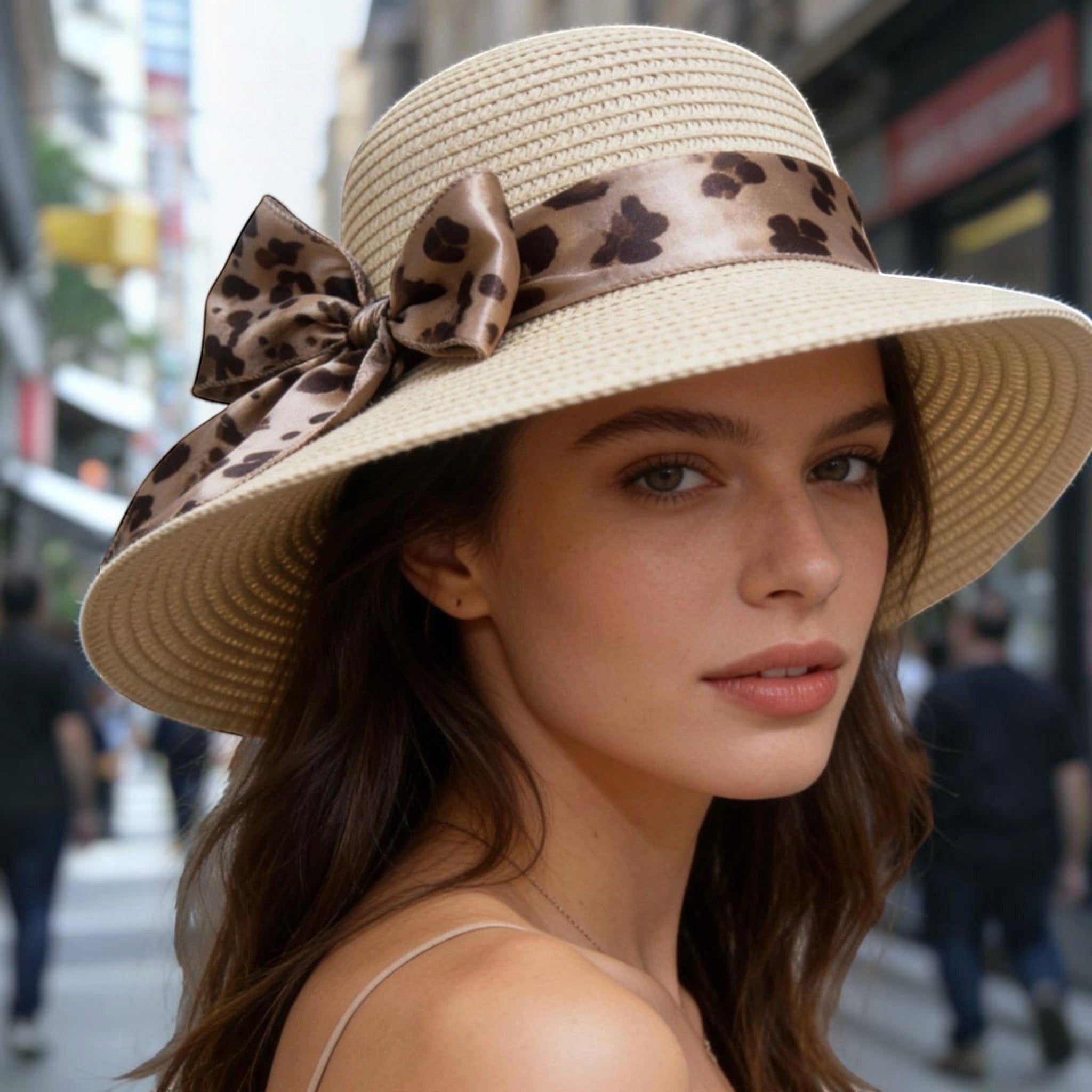 Chapeau d'été  en paille imitation beige avec ruban léopard et nœud, idéal pour la plage.`