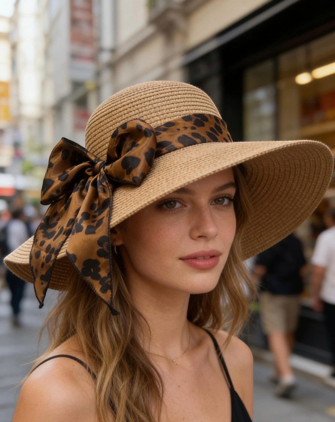 Chapeau d'été en paille imitation, avec ruban léopard et nœud. Idéal pour la plag