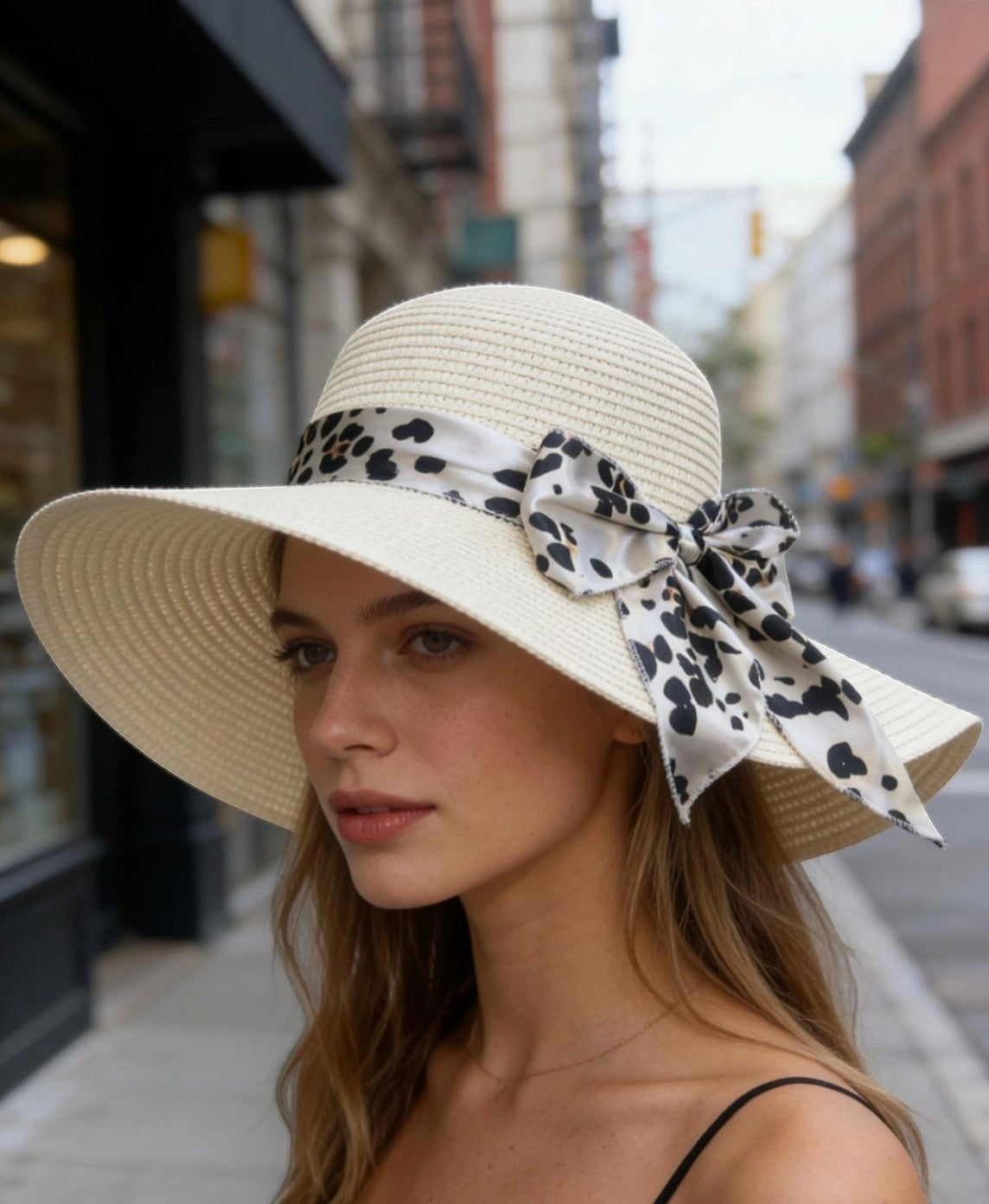 Chapeau d'été  en paille imitation blanc cassé avec ruban léopard et nœud, idéal pour la plage
