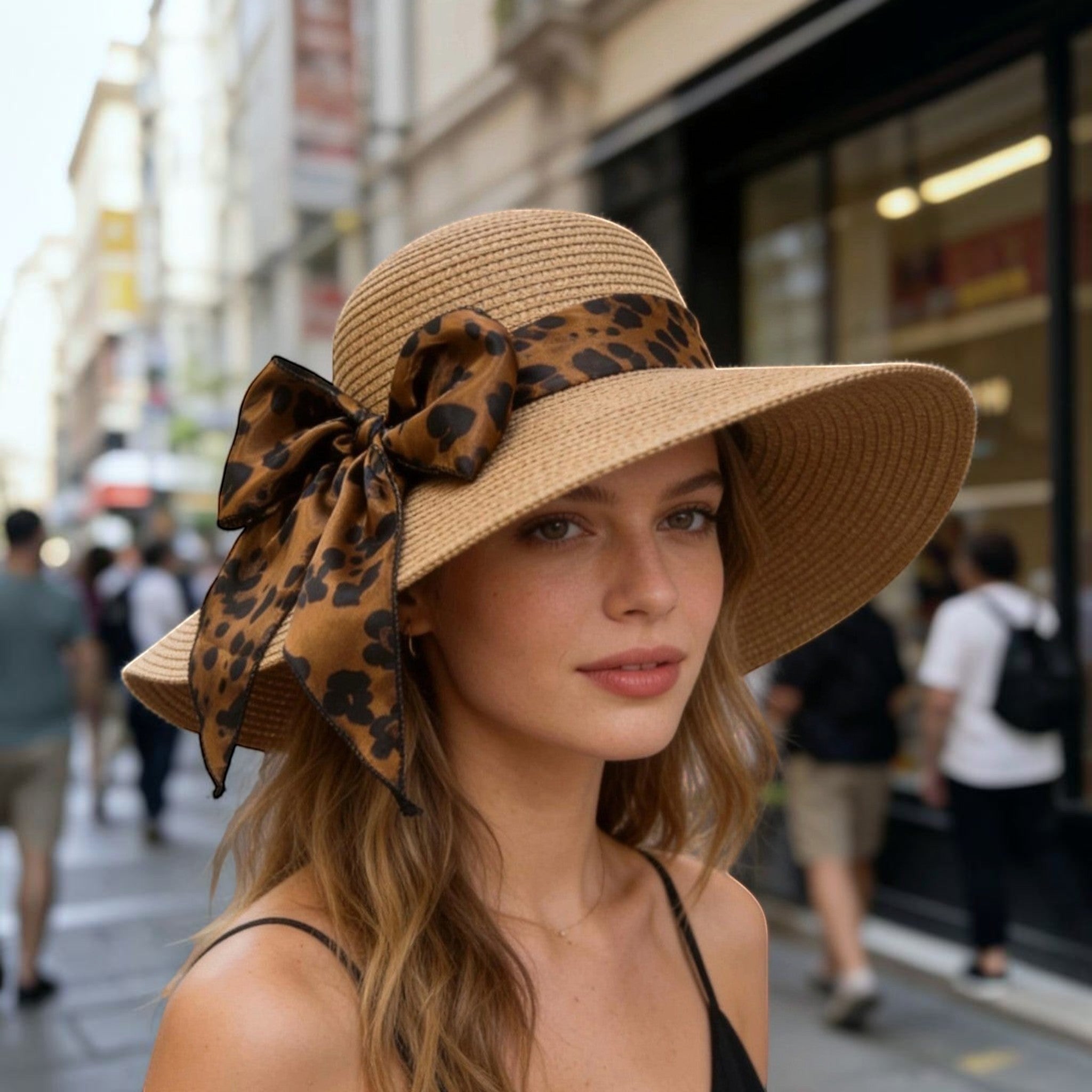 Chapeau d'été en paille imitation, avec ruban léopard et nœud. Idéal pour la plag