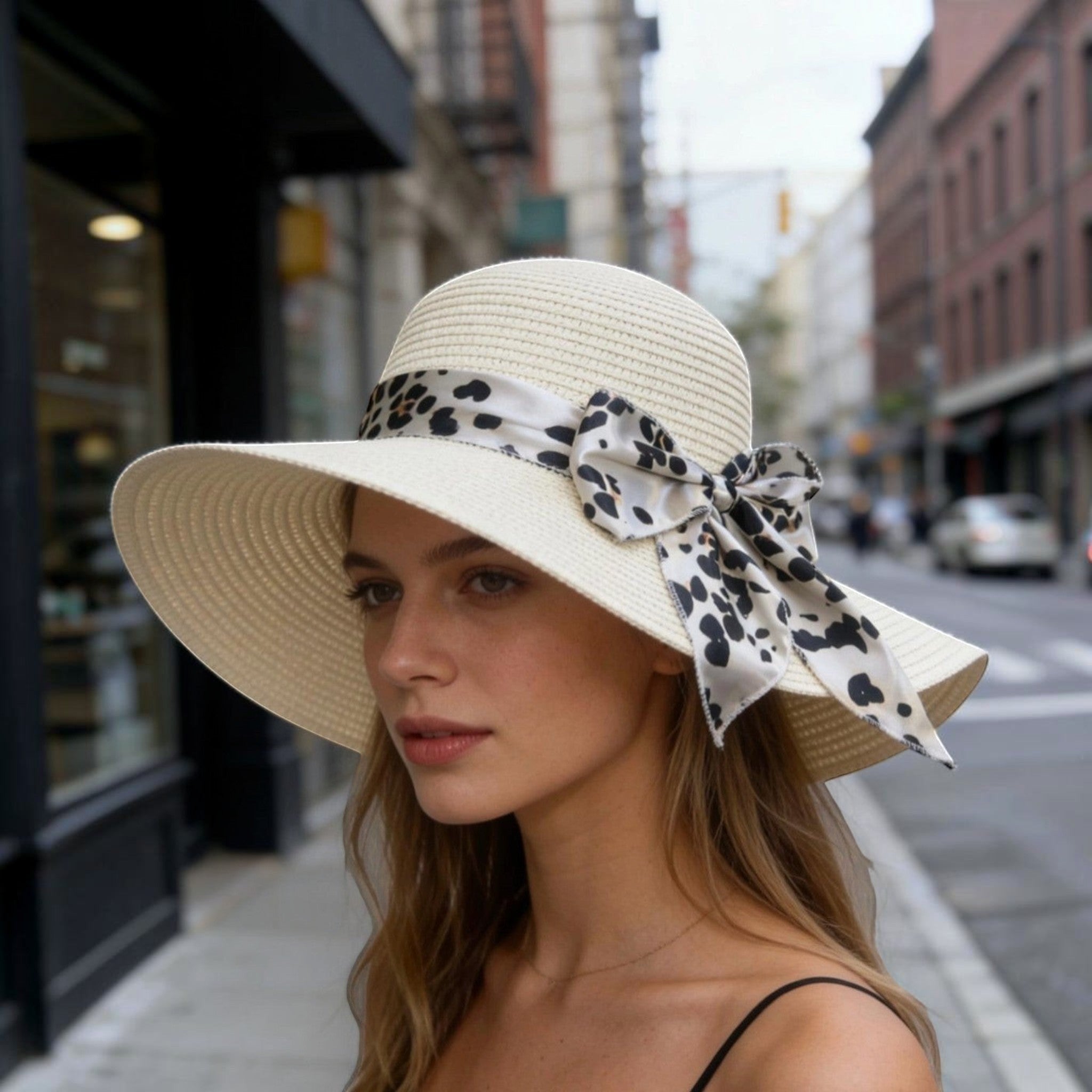 Chapeau d'été  en paille imitation blanc cassé avec ruban léopard et nœud, idéal pour la plage