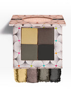 BROCK Charlotte Bio eyeshadow palette with four neutral shades in matte and metallic finishes on a patterned case.