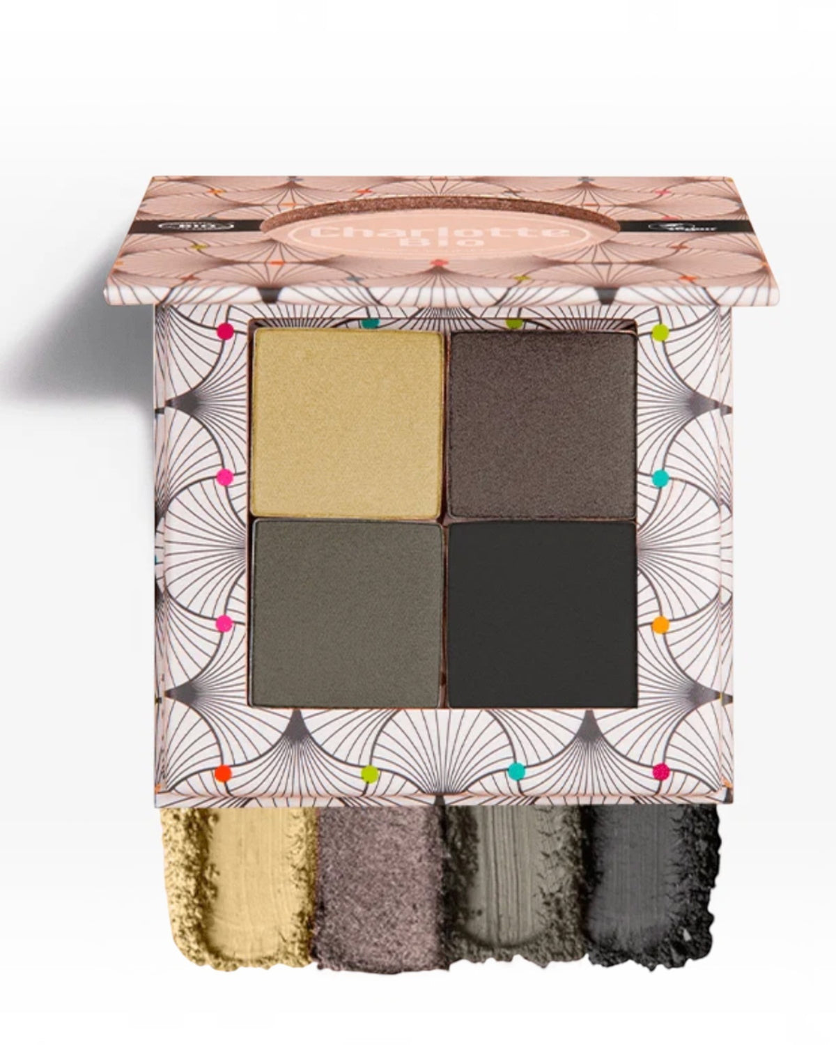 BROCK Charlotte Bio eyeshadow palette with four neutral shades in matte and metallic finishes on a patterned case.