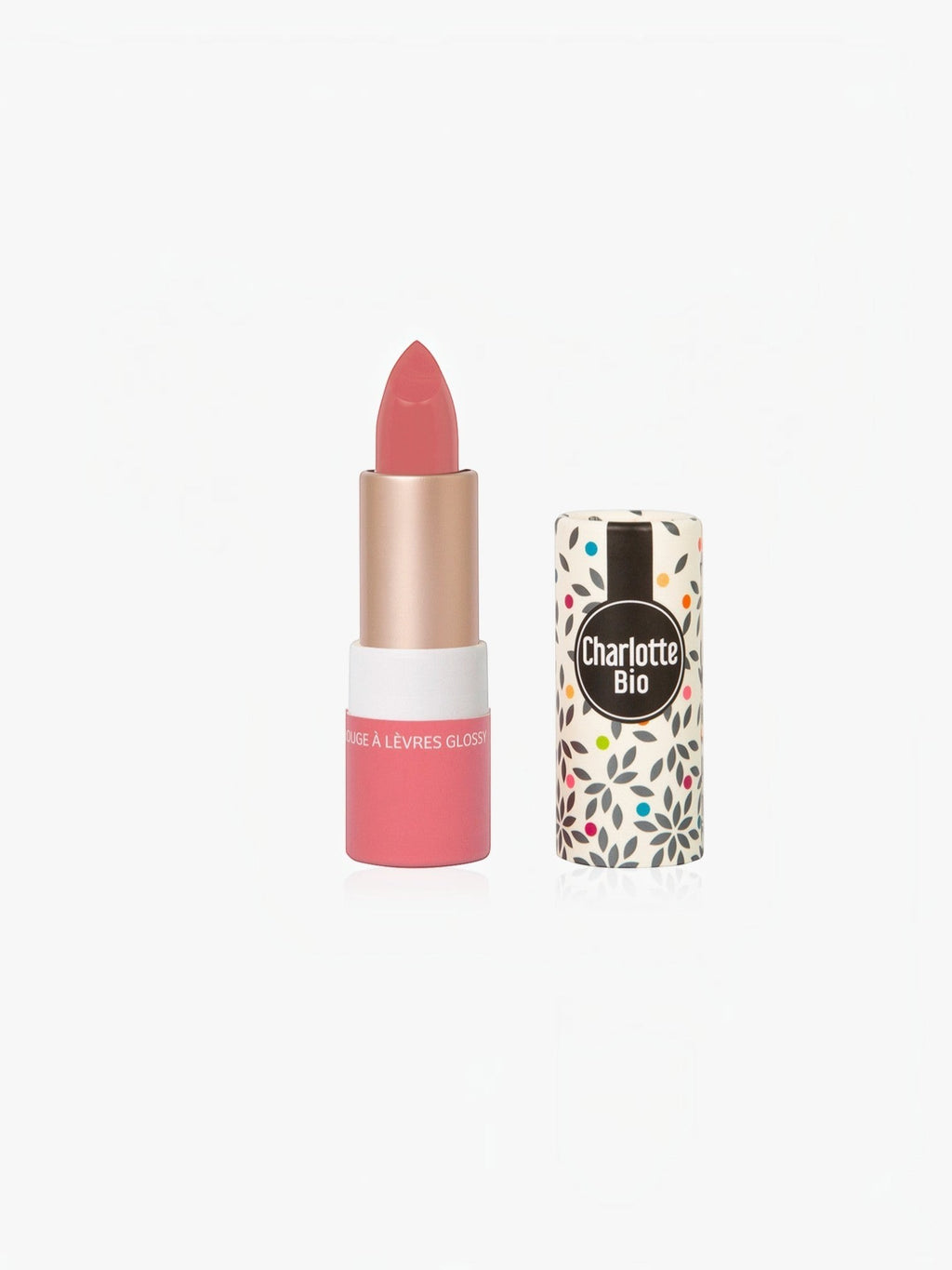BROCK Charlotte Bio glossy lipstick in Bois de Rose shade with a patterned cap and natural moisturizing formula