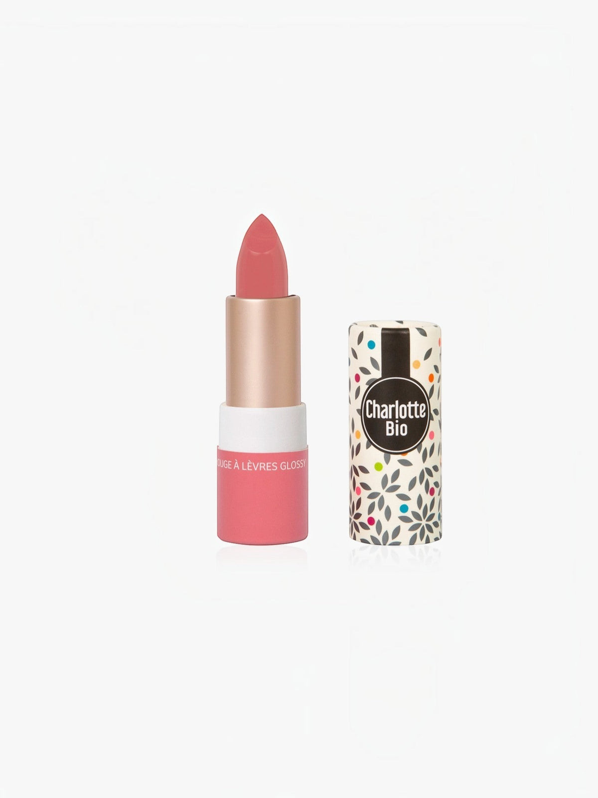 BROCK Charlotte Bio glossy lipstick in Bois de Rose shade with a patterned cap and natural moisturizing formula