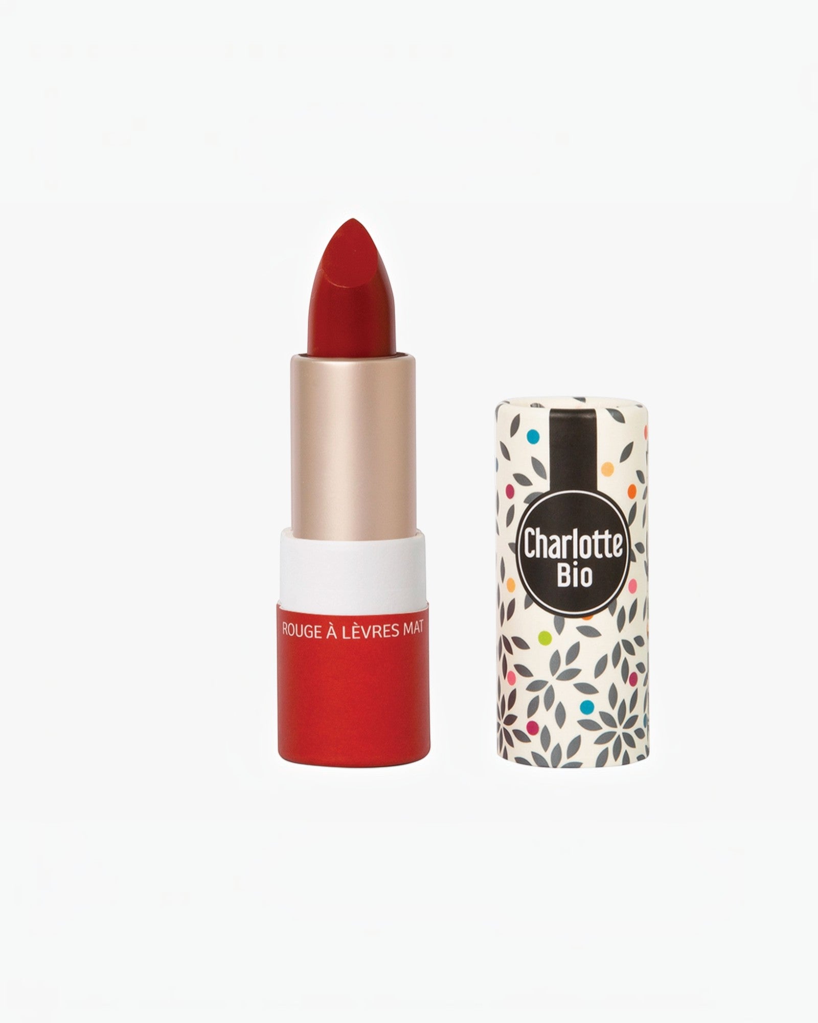 BROCK Charlotte Bio matte lipstick in deep red with a patterned floral cap and natural organic ingredients.