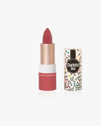 BROCK Charlotte Bio matte lipstick in a deep rose shade with a patterned paper tube and natural ingredients.