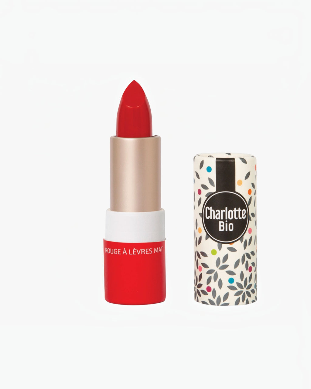 BROCK Charlotte Bio matte red lipstick in a sustainable patterned tube with a creamy natural formula