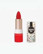 BROCK Charlotte Bio matte red lipstick in a sustainable patterned tube with a creamy natural formula