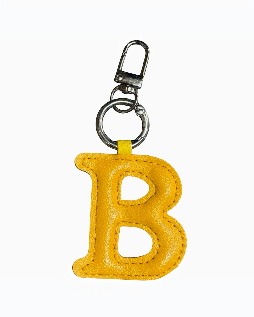 Charm bijou de sac BROCK en forme de lettre B jaune en cuir avec mousqueton en métal argenté